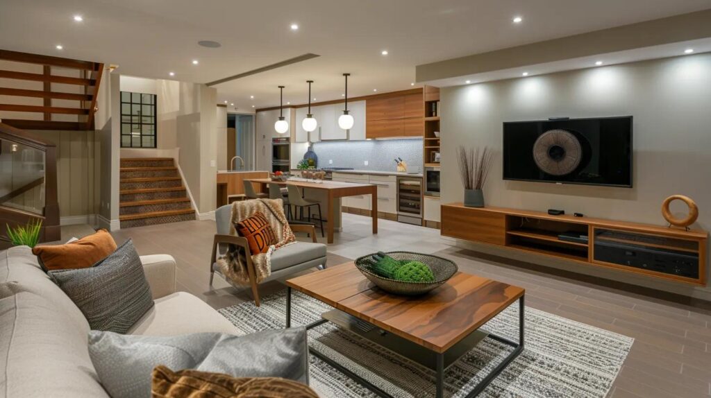 Budget-Savvy Basement Finishing Ideas for Stylish Homes 13 a stylishly renovated basement tailored for budget-conscious homeowners showcases modern furnishings, warm ambient lighting, and clever storage solutions, emphasizing both comfort and functionality.