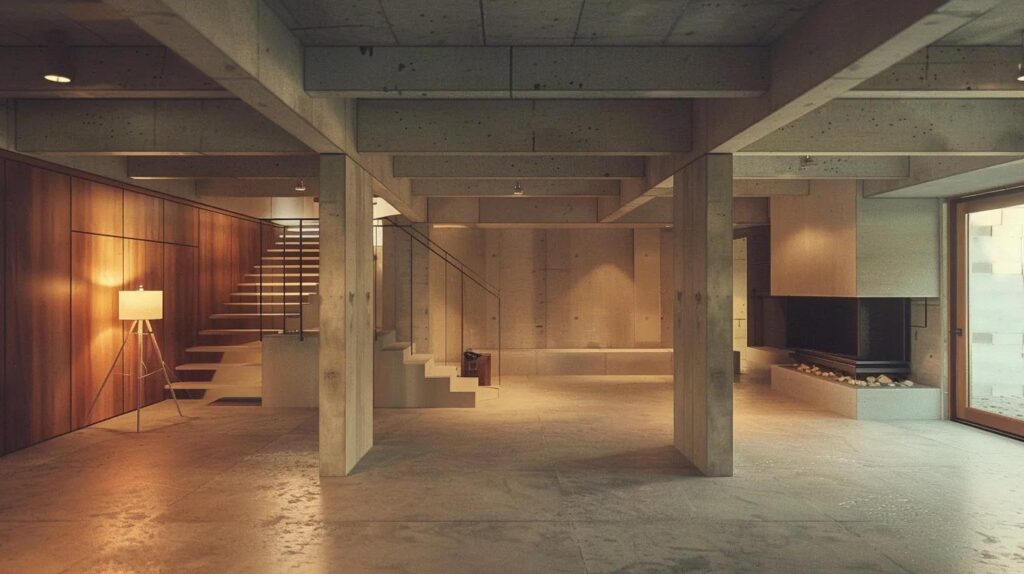 Knowing When Your Basement Is Ready for Finishing Work 2 a well-lit, modern basement showcasing strong structural features like sturdy concrete walls, evenly spaced support beams, and a professional-grade moisture barrier, illustrating its readiness for finishing and renovation.