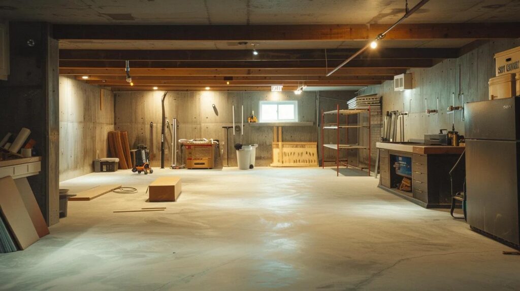 Knowing When Your Basement Is Ready for Finishing Work 10 a well-lit, spacious basement showcasing smooth concrete walls, polished floors, and clearly marked signs of moisture issues, all set against a backdrop of organized tools and renovation plans, emphasizing the homeowner's guide to preparing for finishing.