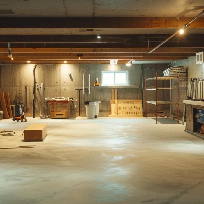 a well-lit, spacious basement showcasing smooth concrete walls, polished floors, and clearly marked signs of moisture issues, all set against a backdrop of organized tools and renovation plans, emphasizing the homeowner's guide to preparing for finishing.