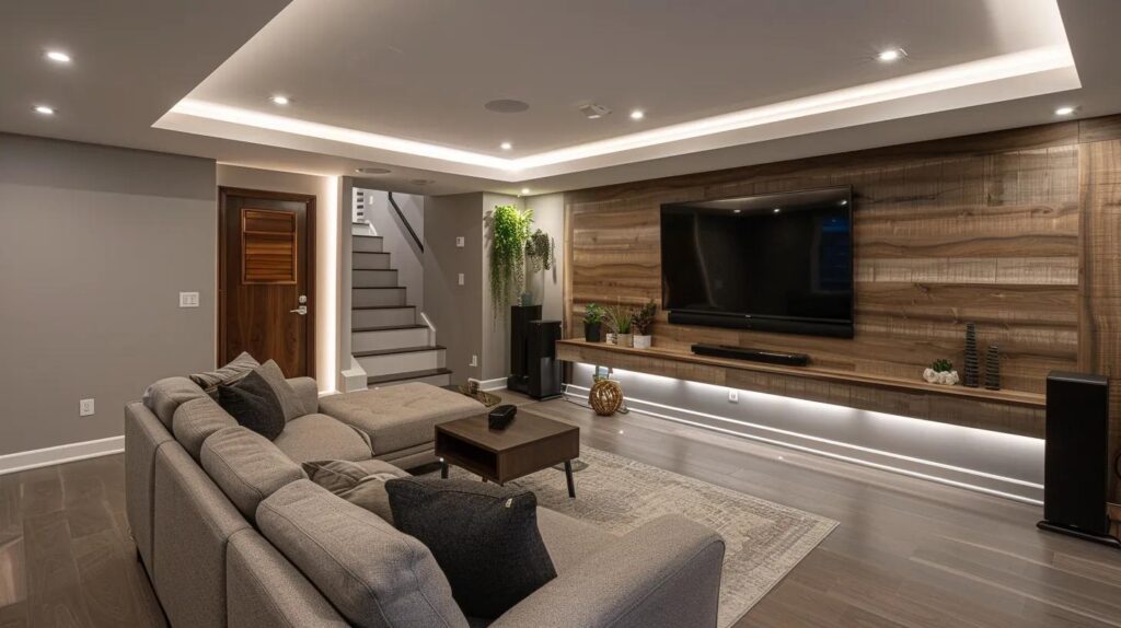 Cost Breakdown: Finishing a Basement in Des Moines 2 an inviting, modern basement remodel showcases stylish finishes and functional layouts, featuring sleek framed walls, contemporary lighting, and a cozy entertainment area, all illuminated by warm artificial light in a meticulously designed indoor space.
