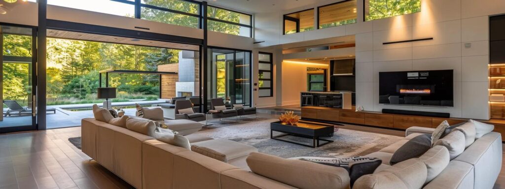Discover Sustainable Building Practices in Des Moines 4 an ultra-modern des moines home showcases sleek smart technology integration, featuring a minimalist living area with interactive screens displaying real-time energy usage metrics and innovative building materials that embody sustainability.