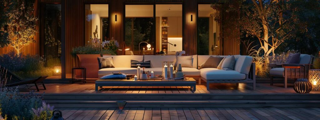 Seasonal Deck Care Checklist: Your Guide for Every Season 5 a detailed, modern outdoor deck area is illuminated by soft artificial lighting, showcasing well-organized seasonal maintenance tools and cleaning supplies arranged neatly on the deck, emphasizing care and perfection in deck upkeep.
