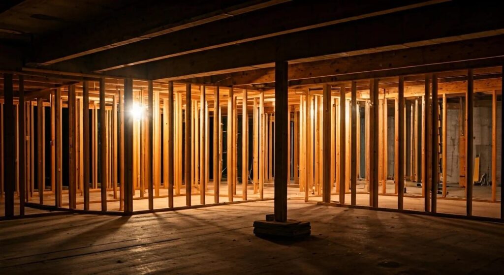 Understand the Costs of Your Basement Finishing Project 8 a sleek, modern basement under renovation, showcasing exposed beams and construction materials, illuminated by focused work lights, highlighting the complex layers of finishing and the hidden costs of the transformation.