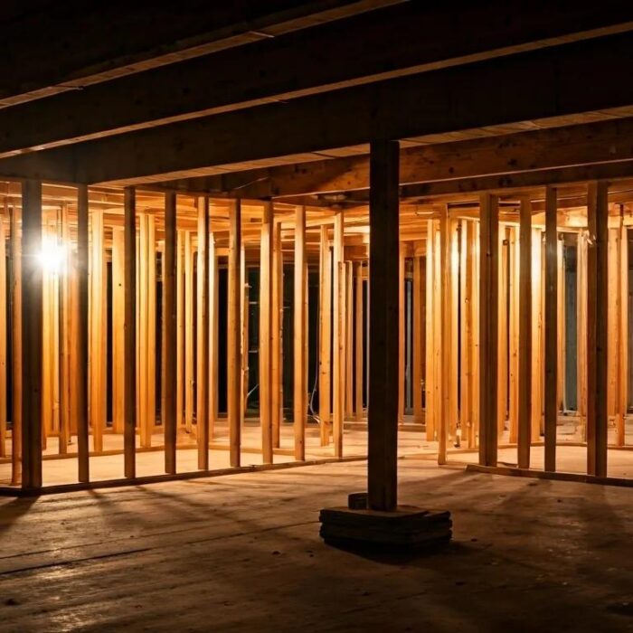 a sleek, modern basement under renovation, showcasing exposed beams and construction materials, illuminated by focused work lights, highlighting the complex layers of finishing and the hidden costs of the transformation.