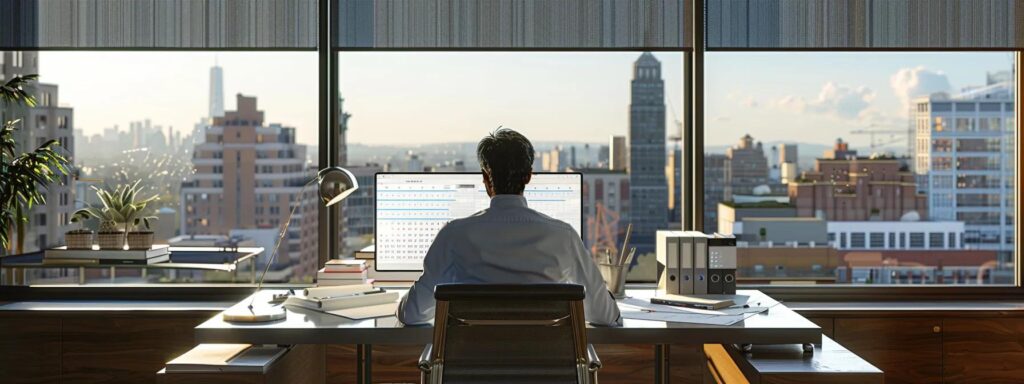a dynamic office scene captures a construction manager at a sleek desk, surrounded by plans and blueprints for a deck, with a prominent calendar displaying deadlines and a city skyline view through the window, emphasizing the complexities of the permitting process in urban development.