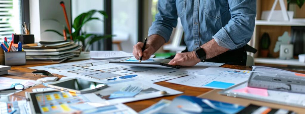 a professional and modern office environment features a focused homeowner reviewing detailed deck construction estimates on a digital tablet, surrounded by blueprints and material samples, with a bright, organized workspace highlighting the importance of meticulous planning for home improvement projects.
