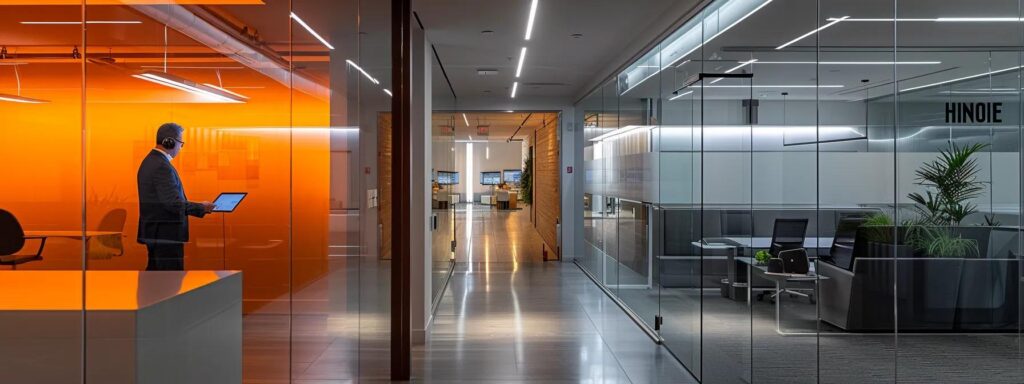 Your Guide to Deck Construction Estimates in Des Moines 1 a sleek, modern office space features a confident contractor presenting a detailed deck construction estimate on a digital tablet, illuminated by warm indoor lighting that highlights the professionalism and trustworthiness of the service.