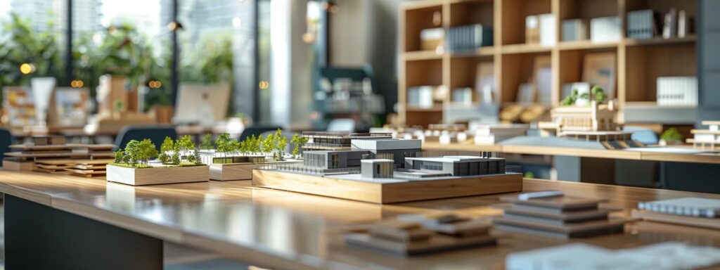 Your Guide to Deck Construction Estimates in Des Moines 2 a contemporary urban office space is filled with architectural models of various deck types, such as sleek composite and elegant cedar designs, showcased on a polished conference table under bright, focused lighting.
