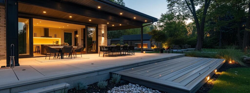 Discover the Best Decking Materials for Iowa Homeowners 1 a modern iowa home showcases an inviting outdoor deck made of premium composite materials, exuding sophistication and durability under soft evening lighting.