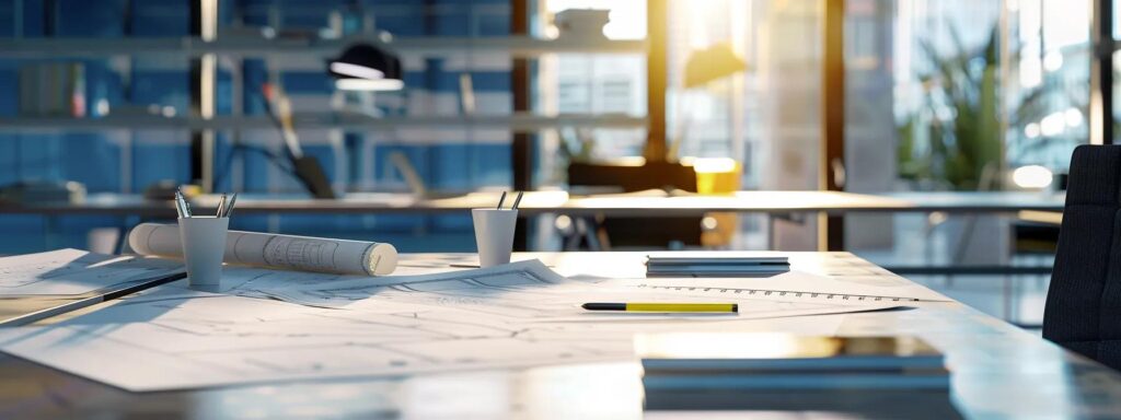 a detailed interior scene of a modern office space, showcasing an elegant design plan for a deck construction project, with architectural blueprints spread across a sleek conference table under bright, focused lighting.