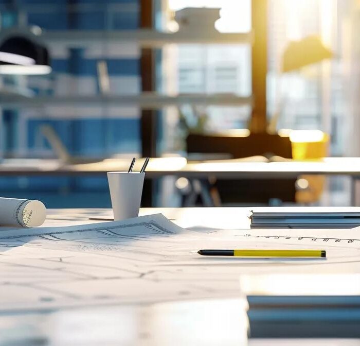 a detailed interior scene of a modern office space, showcasing an elegant design plan for a deck construction project, with architectural blueprints spread across a sleek conference table under bright, focused lighting.