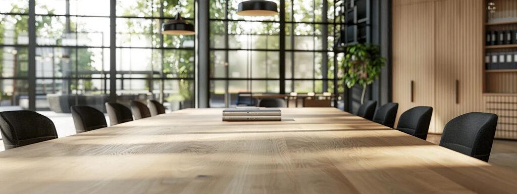 a polished, modern office space showcases a sleek conference table surrounded by samples of wood, composite, and vinyl decking materials, emphasizing the importance of material choice for budget-conscious clients in des moines.