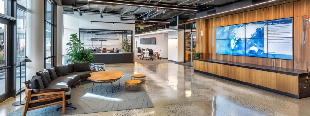 Your Guide to Deck Construction Estimates in Des Moines 3 a sleek, modern office space showcases a large digital display with detailed diagrams and text highlighting deck permit requirements and building codes in des moines, emphasizing professionalism and regulatory clarity.