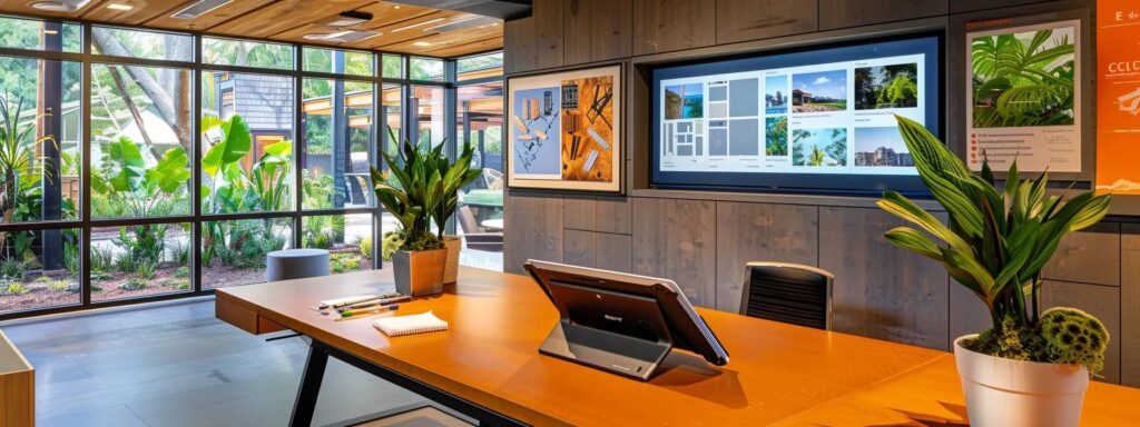 Your Guide to Deck Construction Estimates in Des Moines 4 a pristine office workspace showcases a sleek desk with a digital tablet displaying deck maintenance plans, positioned beside a wall adorned with vibrant, high-resolution images of well-maintained decks, emphasizing the importance of regular upkeep and its impact on overall costs.