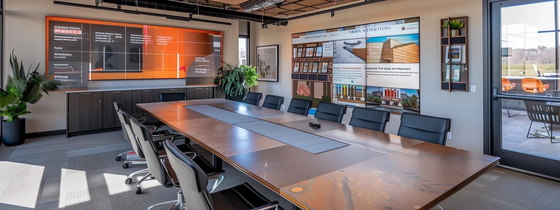 a focused view of a modern office with a sleek conference table displaying various samples of deck materials, color swatches, and a large, informative presentation screen, highlighting cost comparisons for homeowners in des moines.