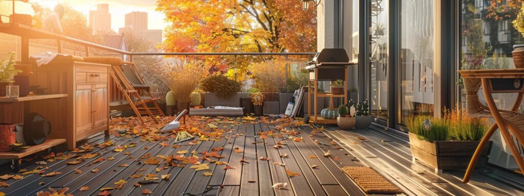Seasonal Deck Care Checklist: Your Guide for Every Season 3 a meticulously organized outdoor deck in an urban setting, showcasing autumn preparations with tools and protective materials neatly arranged, while leaves are being cleared and a warm afternoon glow illuminates the space.