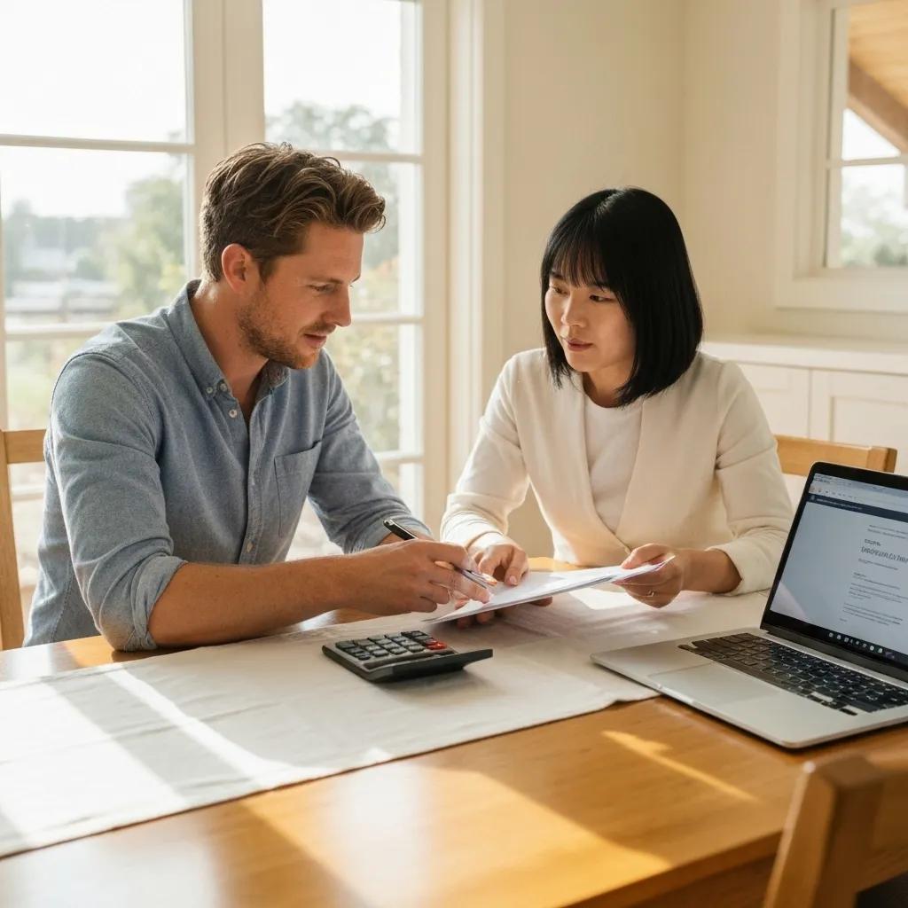 Couple reviewing home equity loan documents for basement renovation