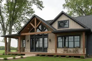 New home under construction in Central Iowa with framing and roof trusses in place