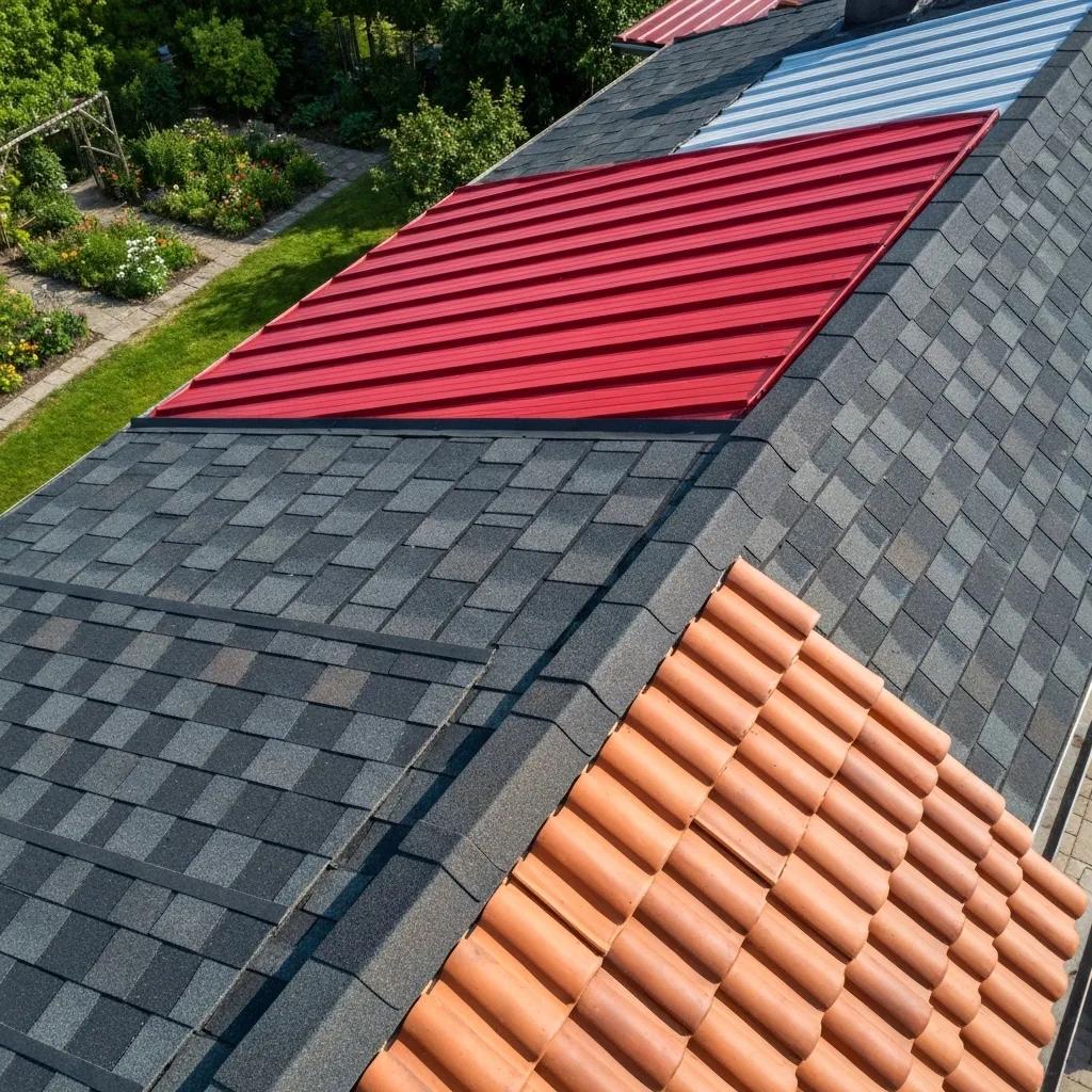 Comprehensive Building Materials Costs Comparison in Iowa 3 Different roofing materials including asphalt shingles, metal panels, and clay tiles on a rooftop