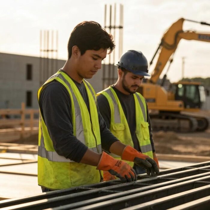 Construction workers in safety gear collaborating on a home building site in Iowa