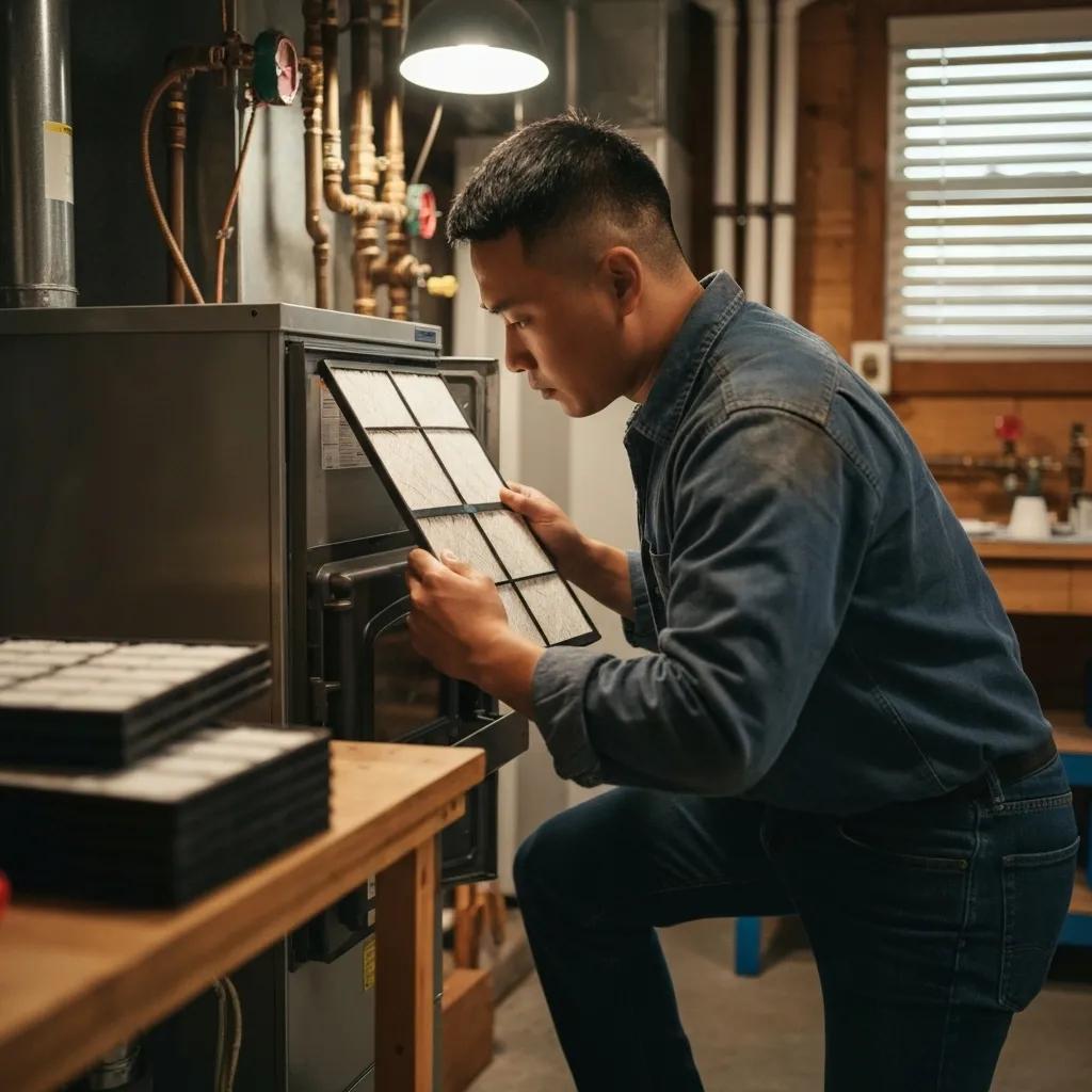 Essential Home Maintenance Checklist for Iowa Winters 3 Homeowner replacing air filter in furnace for winter HVAC maintenance
