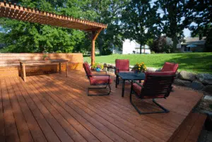 Finished composite deck with railing on a Central Iowa home