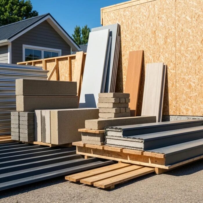 Diverse home building materials including fiber cement, engineered wood, and metal roofing in a construction setting