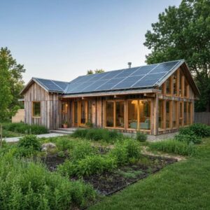 Eco-friendly Iowa home with solar panels and sustainable materials in a natural setting