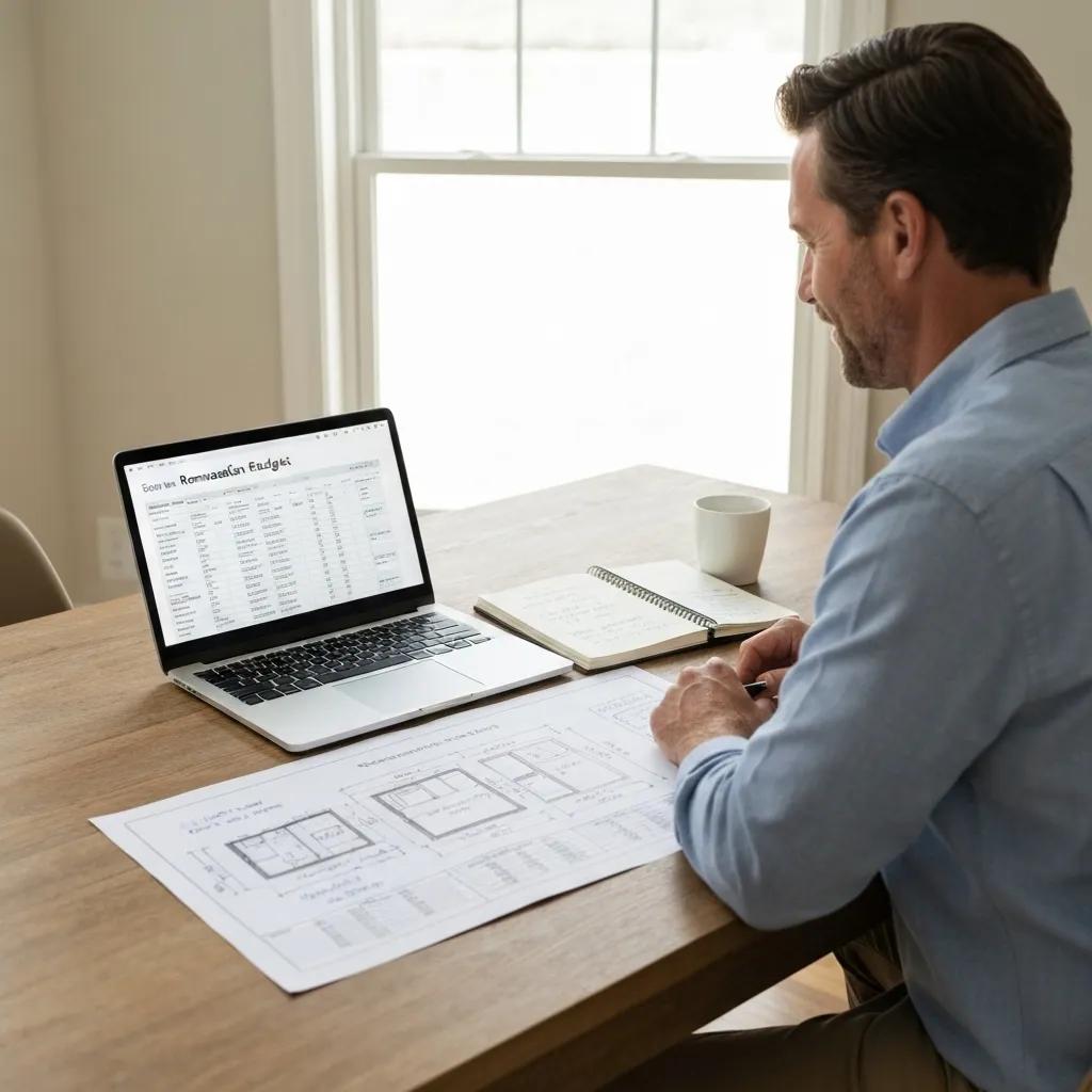 Homeowner budgeting for basement renovation with plans and laptop