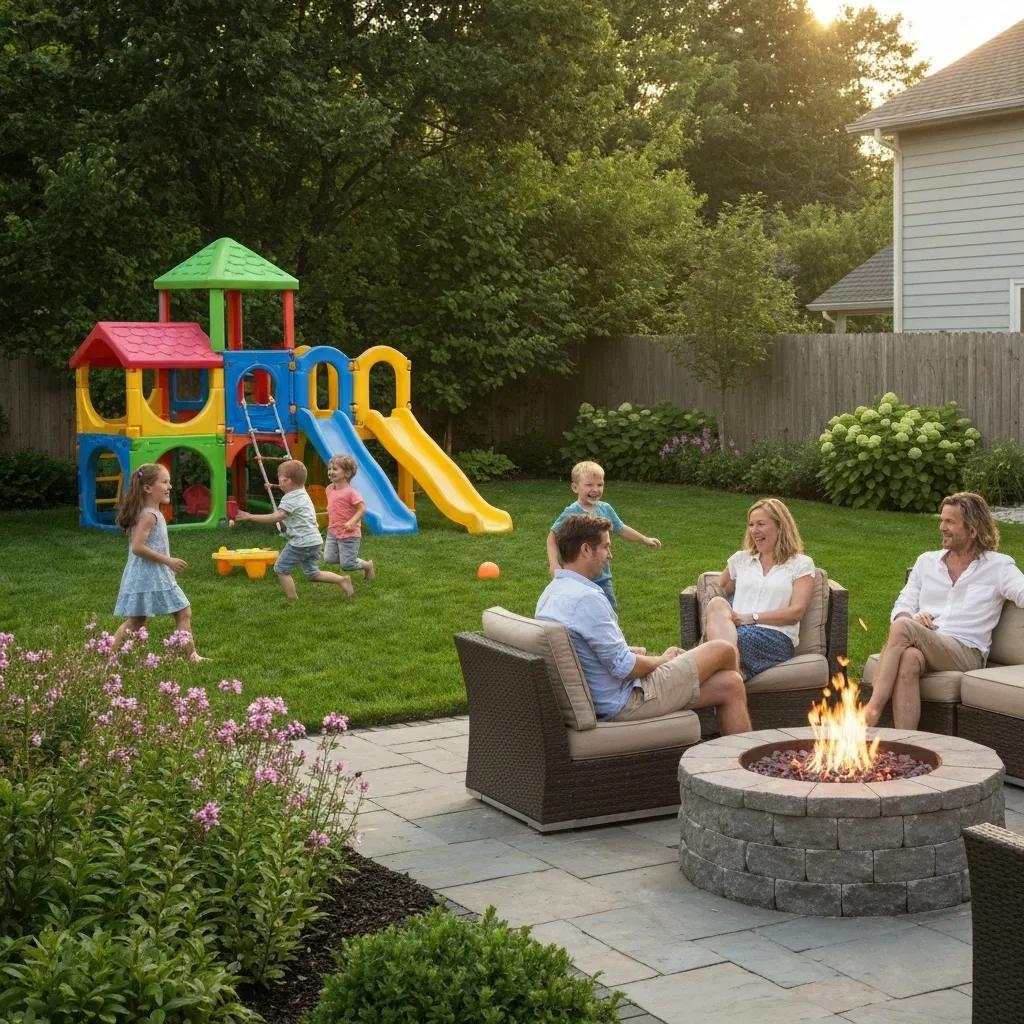 Family enjoying a versatile finished basement with play area and home office