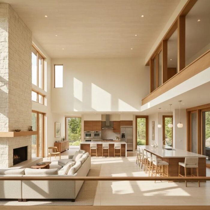 Modern home in Iowa combining minimalist and farmhouse styles with large windows and a welcoming porch