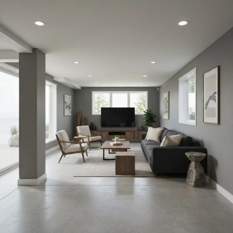 Modern basement interior with open layout, natural light, and minimalist decor