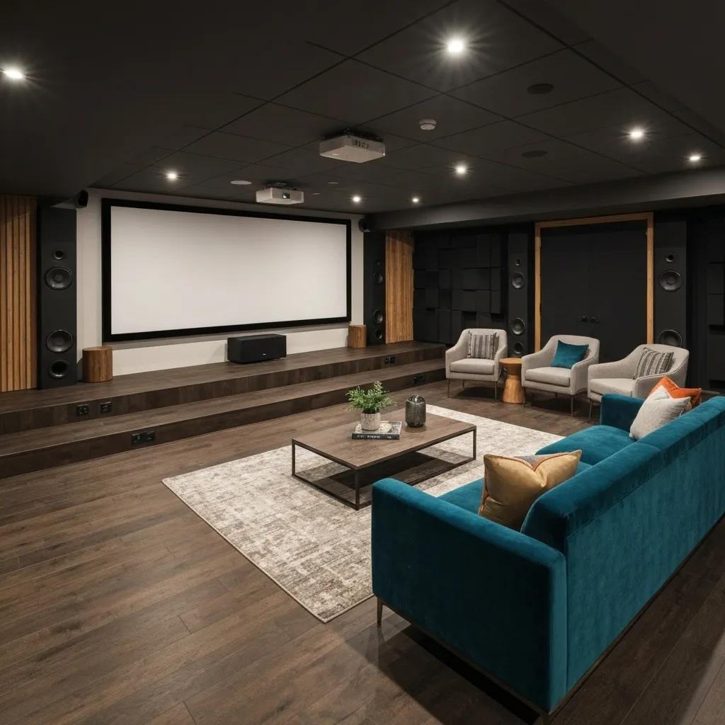 Modern basement entertainment hub with home theater setup and ambient lighting