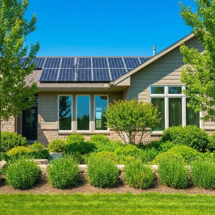Modern sustainable home in Iowa with solar panels and green landscaping