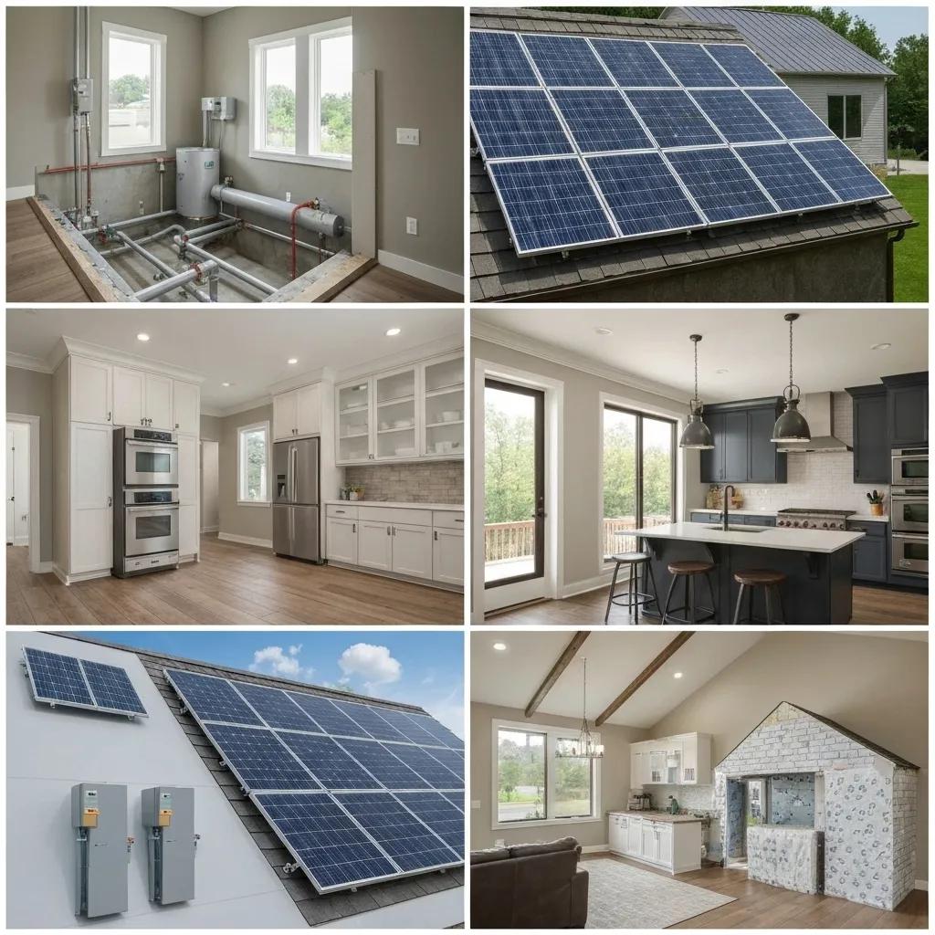 Collage of energy-saving technologies including geothermal heat pump and solar panels