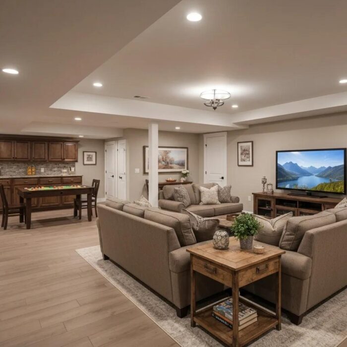 Cozy finished basement designed for family entertainment with seating, TV, and game table