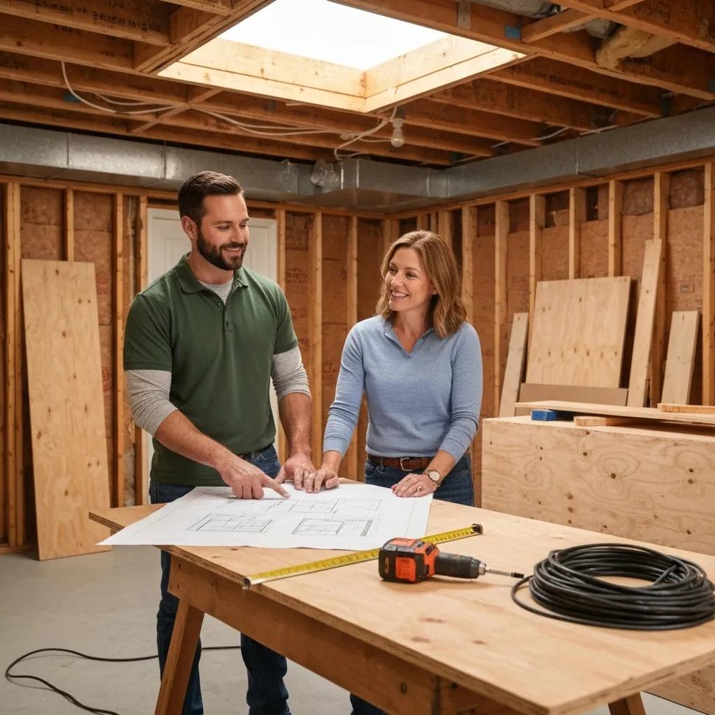 Why a Finished Basement Adds Value to Your Home 2 Contractor and homeowner discussing basement renovation plans to maximize ROI