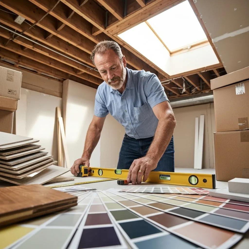 Construction worker measuring basement space with renovation materials