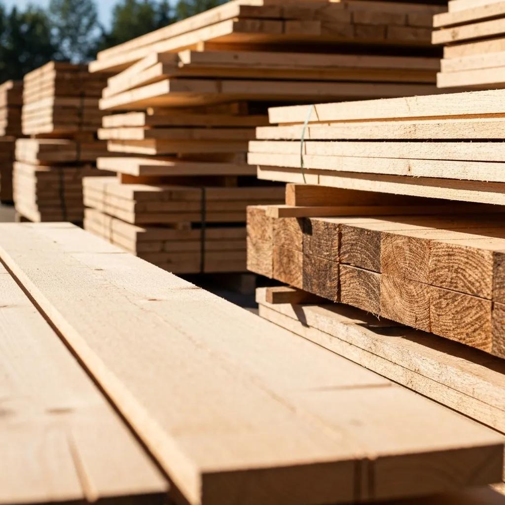 Comprehensive Building Materials Costs Comparison in Iowa 2 Variety of lumber types displayed at a lumber yard, highlighting different grades and species