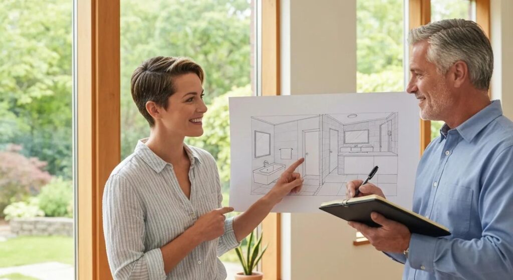 Des Moines Homes: Embracing Sustainable Remodeling Practices 3 Homeowner discussing sustainable remodeling options with a contractor