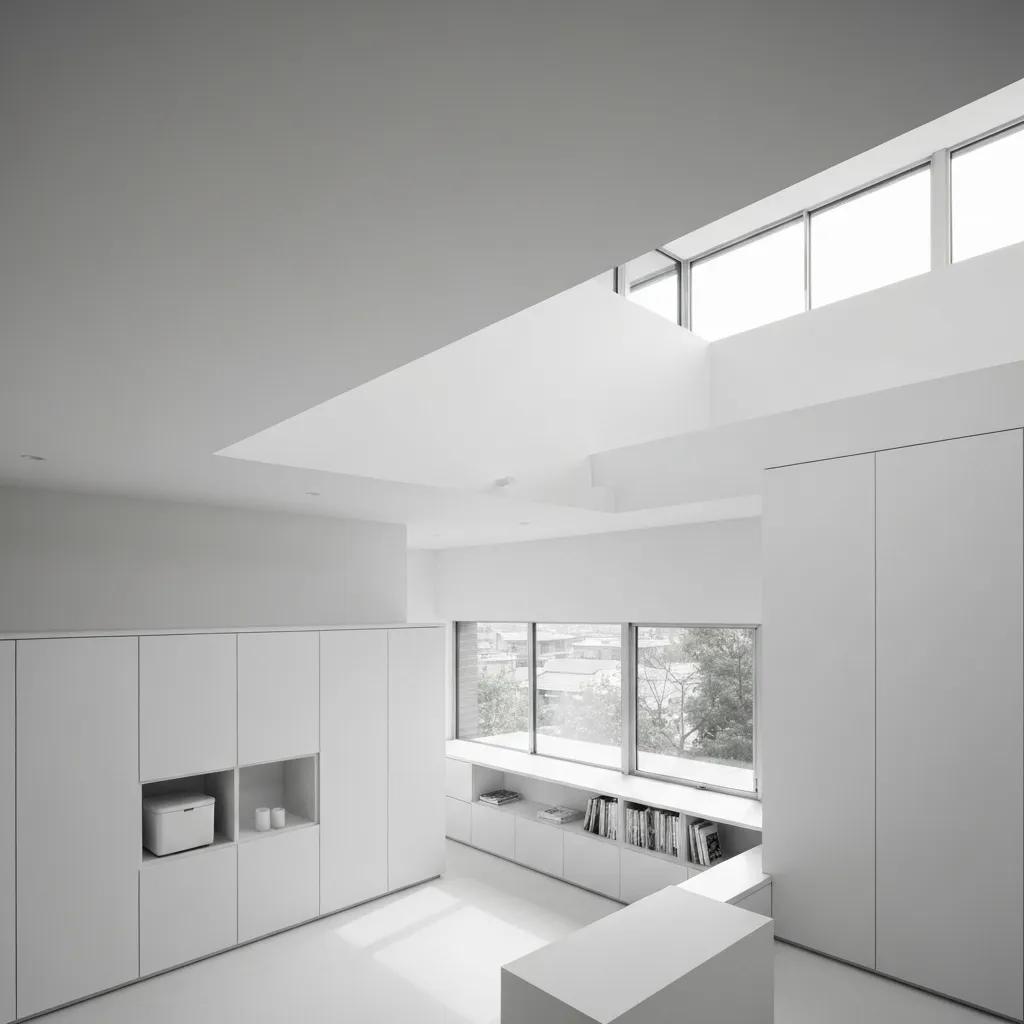 Minimalist living room with neutral colors, integrated storage, and ample natural light