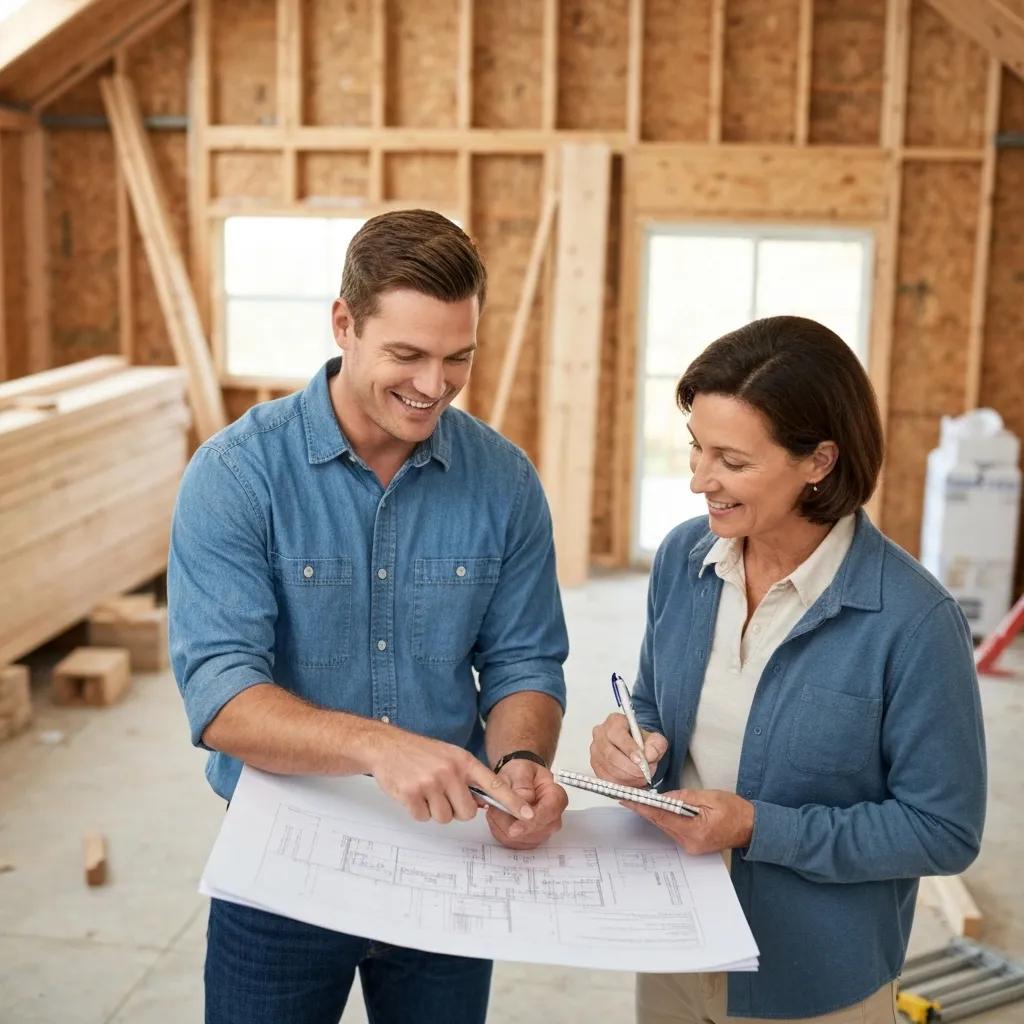 Contractor explaining financing options to a homeowner at a construction site