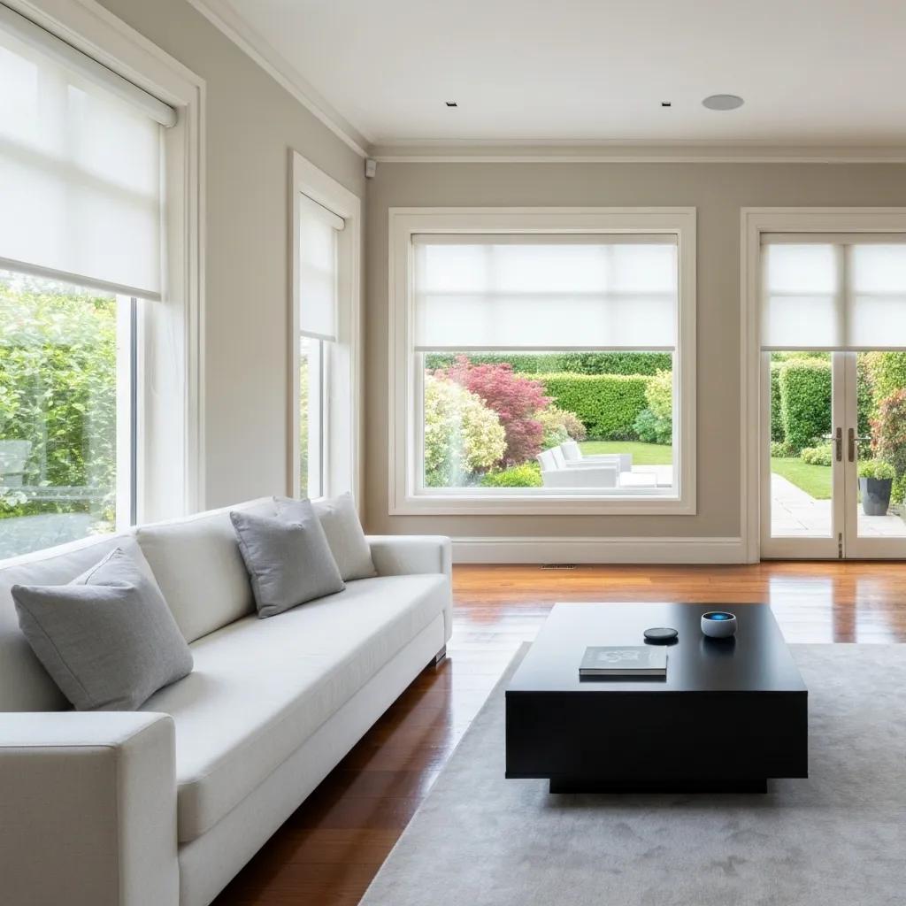 Modern Iowa living room showcasing smart home technology and automated features