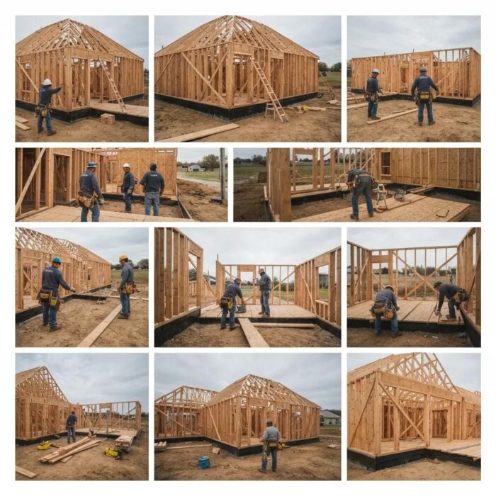 Construction site in Iowa with workers building a residential home, highlighting the theme of Iowa residential construction regulations