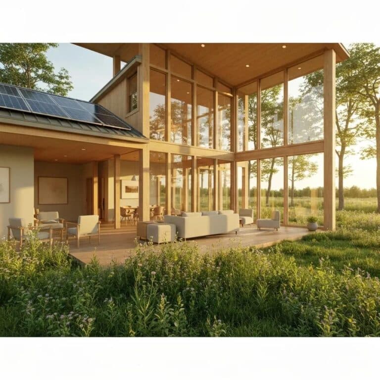 Modern energy-efficient home in Iowa with solar panels and greenery