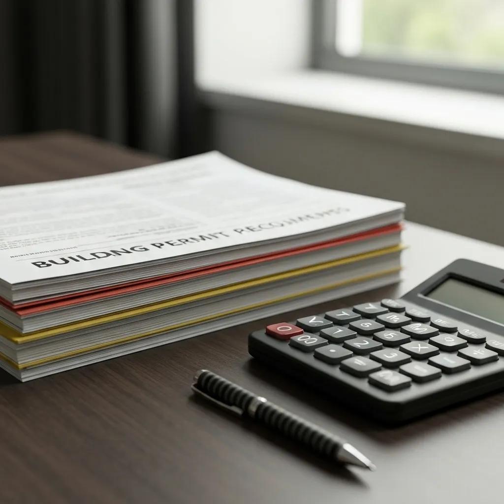 Navigating Home Building Permits in Iowa 3 Stack of building permit fee documents with a calculator, representing cost estimation for Iowa building permits