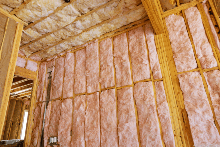 Fiberglass batt insulation installed in wall cavities and roof framing during home addition construction in Central Iowa