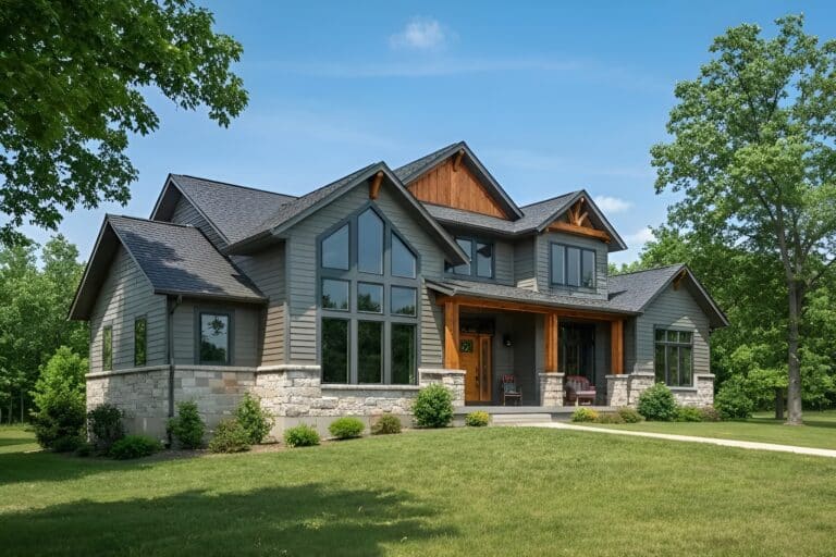 Busy Builders rendering of a craftsman style custom home exterior with gray lap siding, natural wood timber accents, stone foundation, and floor-to-ceiling window wall