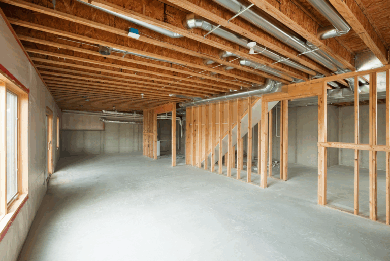 basement finishing framing with exposed metal hvac ductwork, staircase rough framing, and concrete foundation walls in an unfinished central iowa basement
